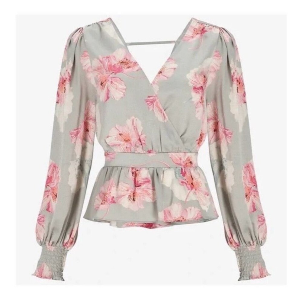 Express Floral Faux Wrap Satin Blouse Bow Back Detail Cottagecore Medium NWT’s